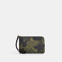 Corner Zip Wristlet In Signature Camo Print - CW858 - Gold/Dark Cypress Multi