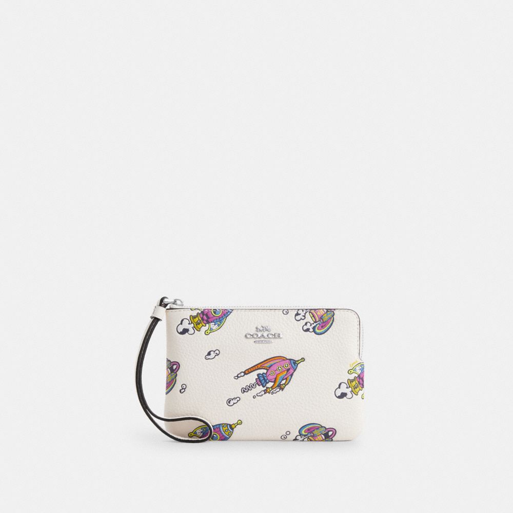 COACH CW864 Cosmic Coach Corner Zip Wristlet With Rocket Print Silver/Chalk Multi