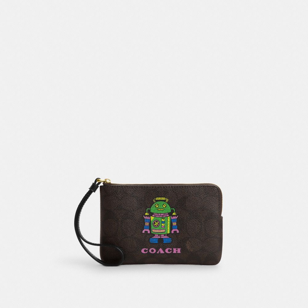 Cosmic Coach Corner Zip Wristlet In Signature Canvas With Robot Print - CW868 - Gold/Walnut Multi