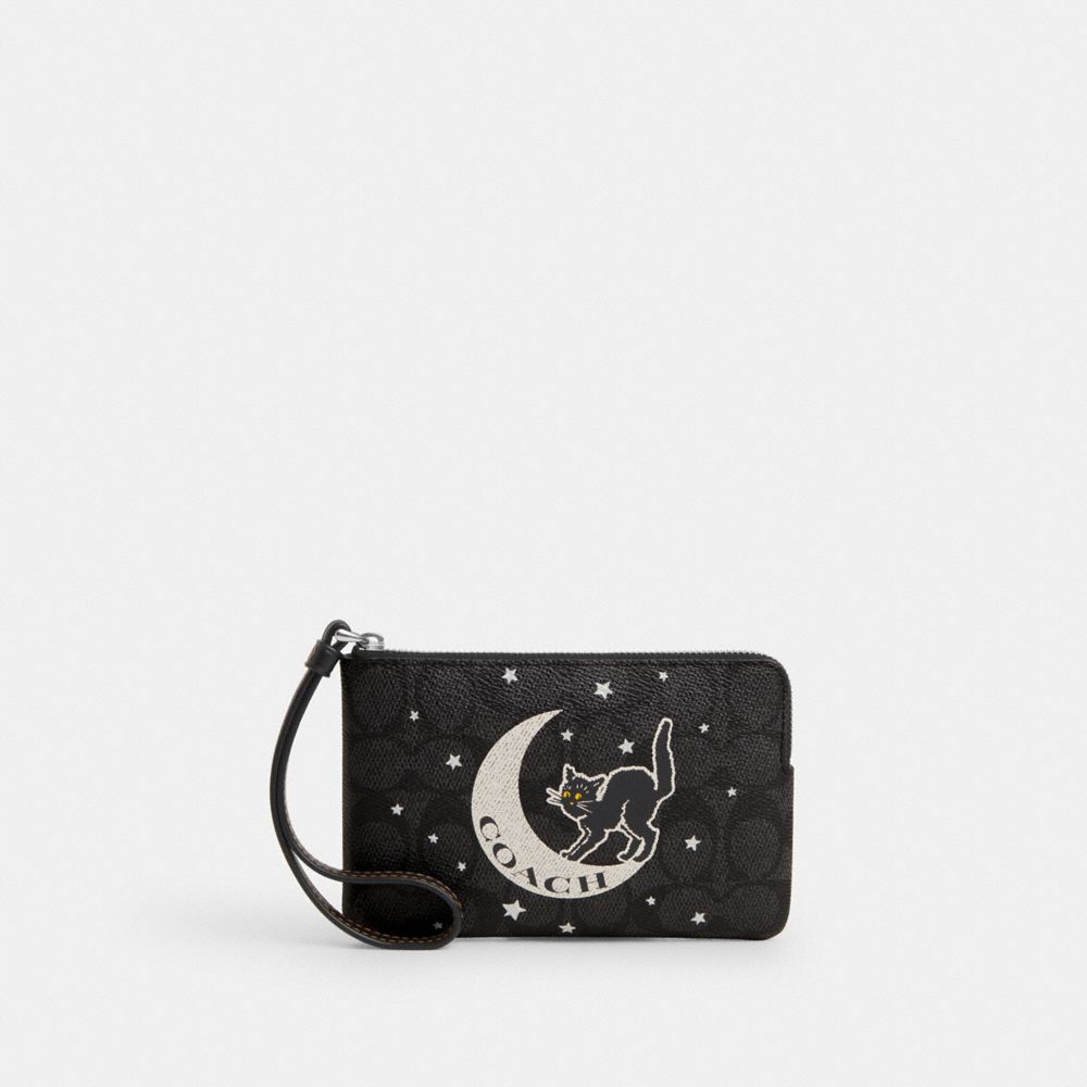 Corner Zip Wristlet In Signature Canvas With Halloween Graphic - CW869 - Silver/Charcoal/Black Multi