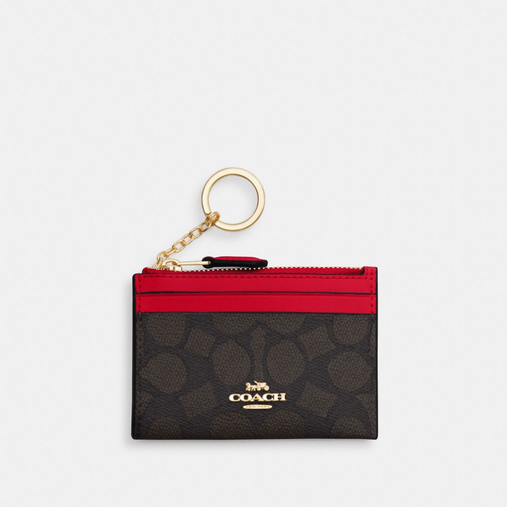 COACH CW870 Mini Skinny Id Case In Signature Canvas GOLD/WALNUT/BOLD RED