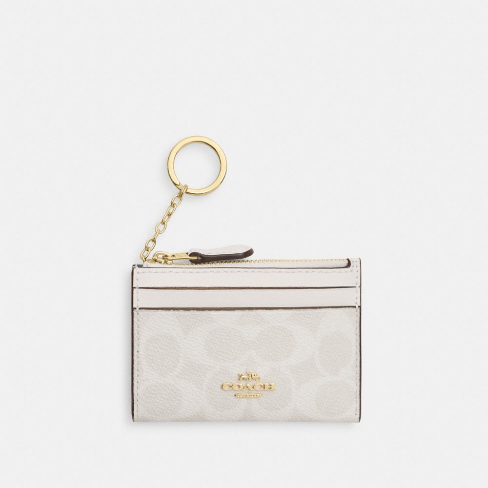 COACH®,Mini Skinny ID Case In Signature Canvas,Card Case,Color Block,Metal,Logo,Sustainable,Key Ring,Casual,White,Front View