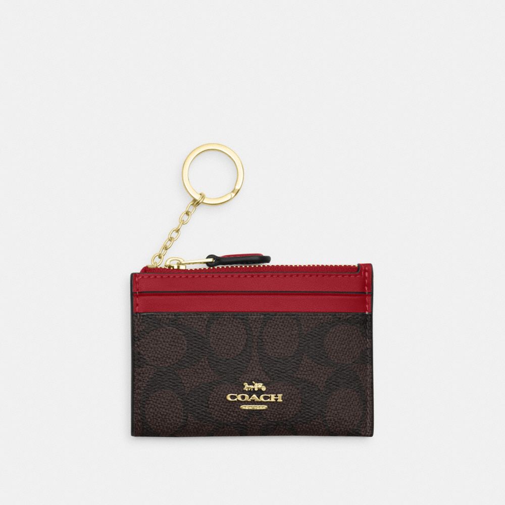 COACH CW870 Mini Skinny Id Case In Signature Canvas GOLD/WALNUT/TRUE RED