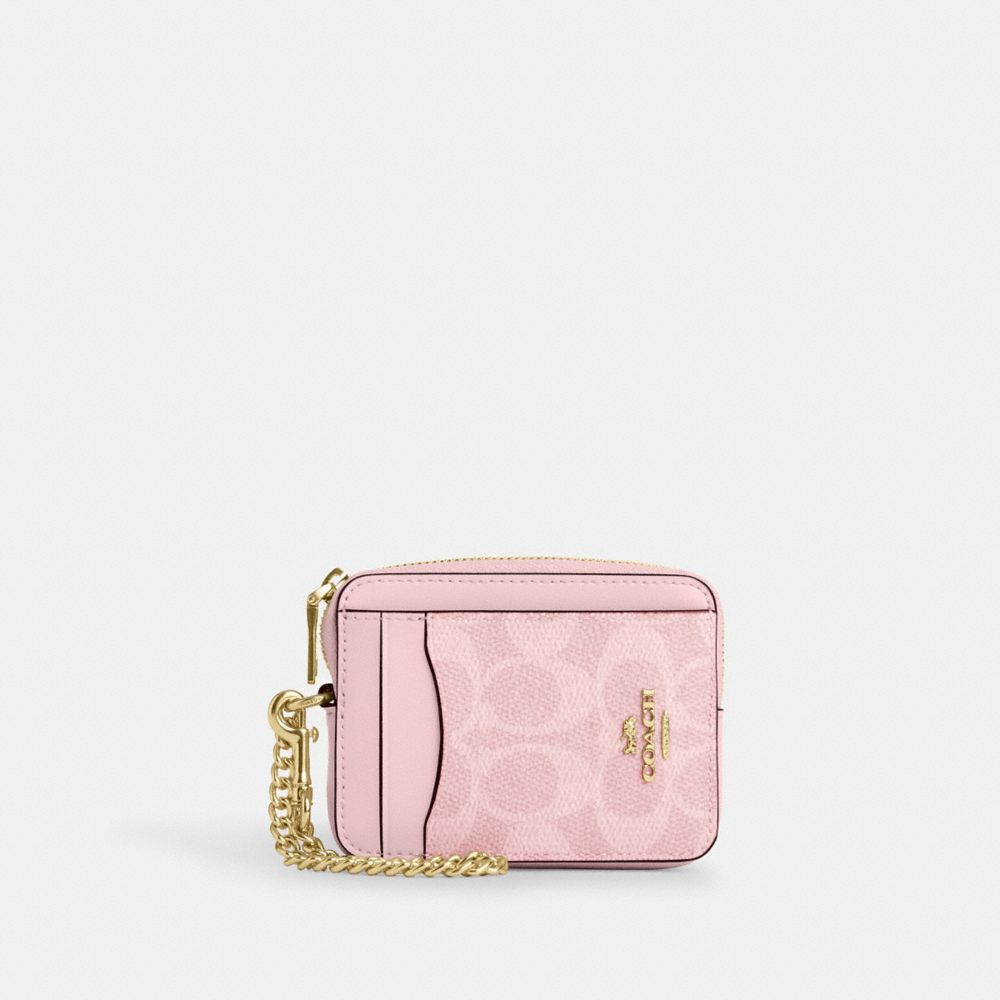 Zip Card Case In Signature Canvas - CW883 - Gold/Powder Pink