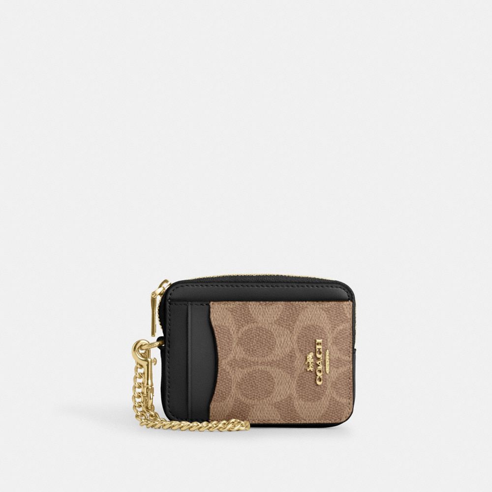 COACH CW883 Zip Card Case In Signature Canvas GOLD/TAN/BLACK