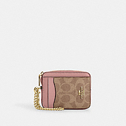 Zip Card Case In Signature Canvas - CW883 - Gold/Tan/Pink Petal