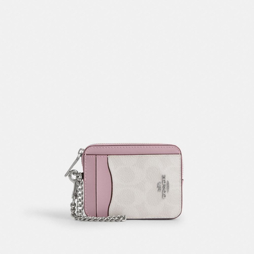 COACH CW883 Zip Card Case In Signature Canvas SV/CHALK/CARNATION