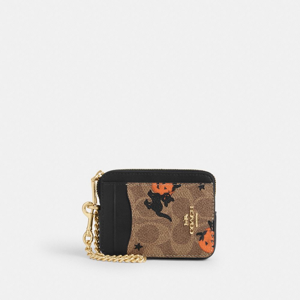 COACH CW886 Zip Card Case In Signature Canvas With Halloween Print GOLD/TAN/BLACK MULTI
