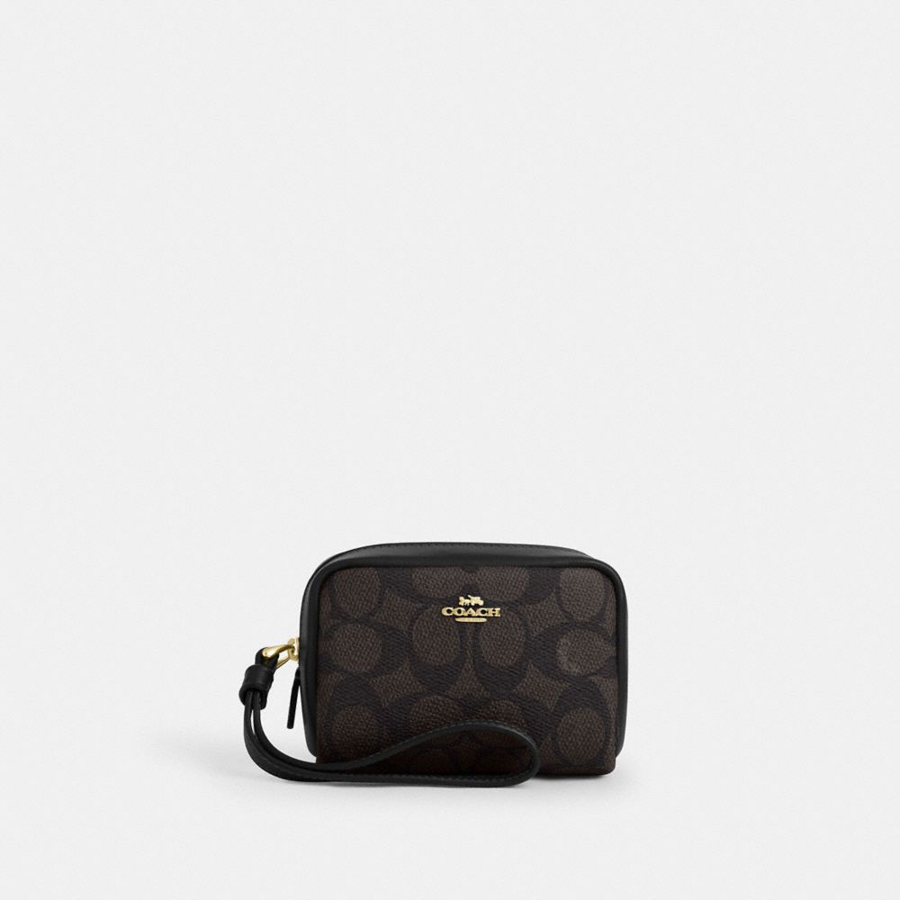 COACH CW907 Pouch Wristlet In Signature Canvas GOLD/WALNUT/BLACK