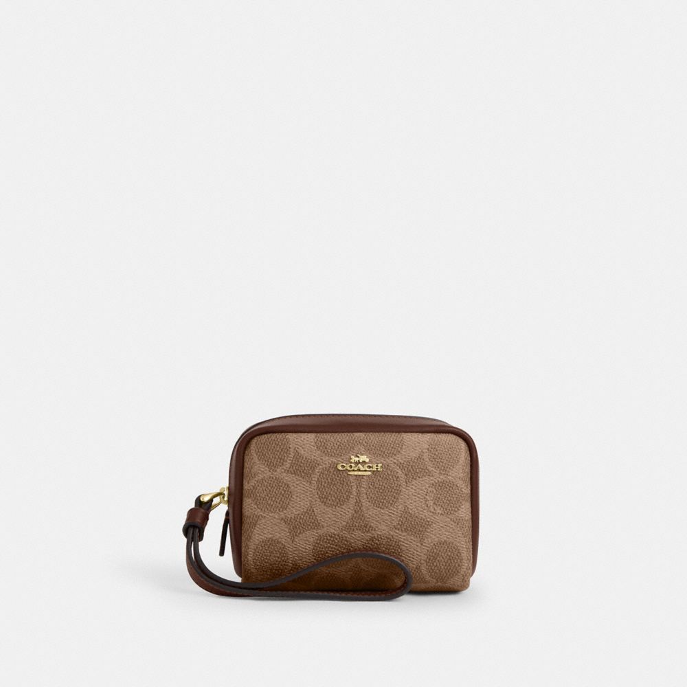 COACH CW907 Pouch Wristlet In Signature Canvas GOLD/TAN/BROWN