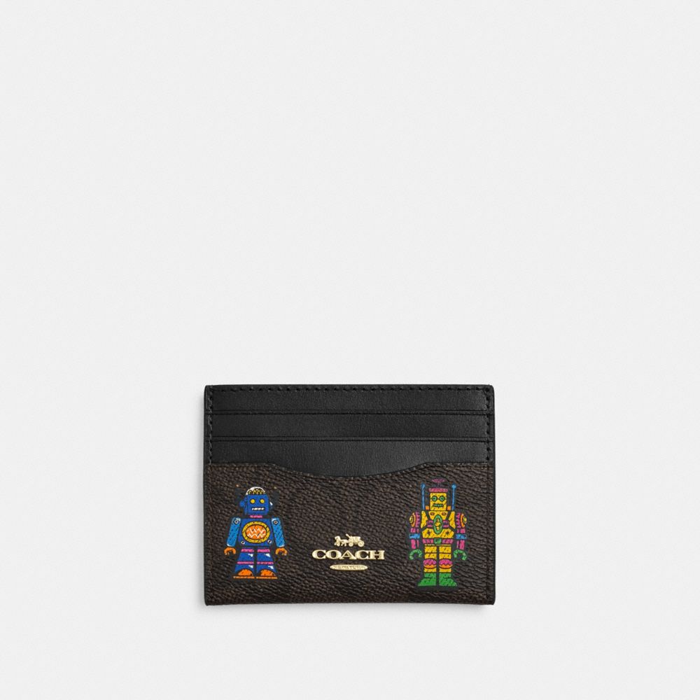 COACH CW929 Cosmic Coach Slim Id Card Case In Signature Canvas With Robot Print GOLD/WALNUT MULTI
