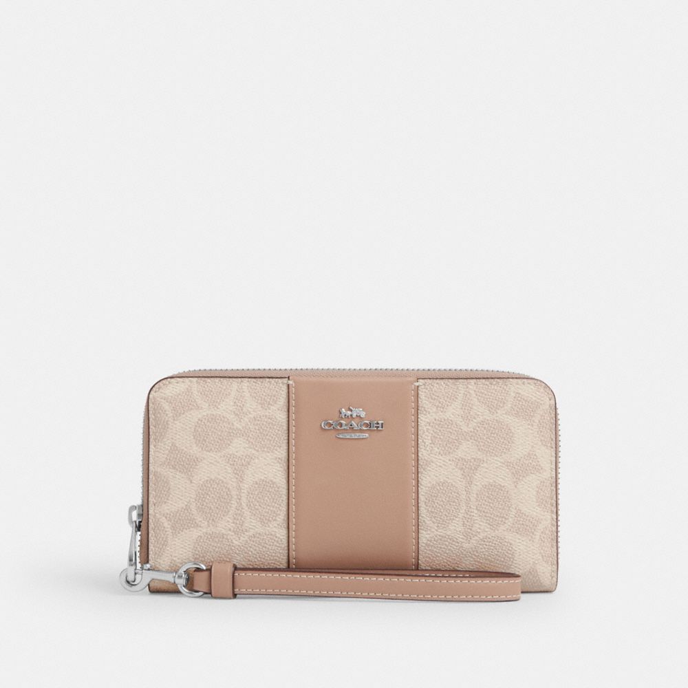 COACH CW947 Long Zip Around Wallet In Signature Canvas With Stripe SILVER/SAND/TAUPE