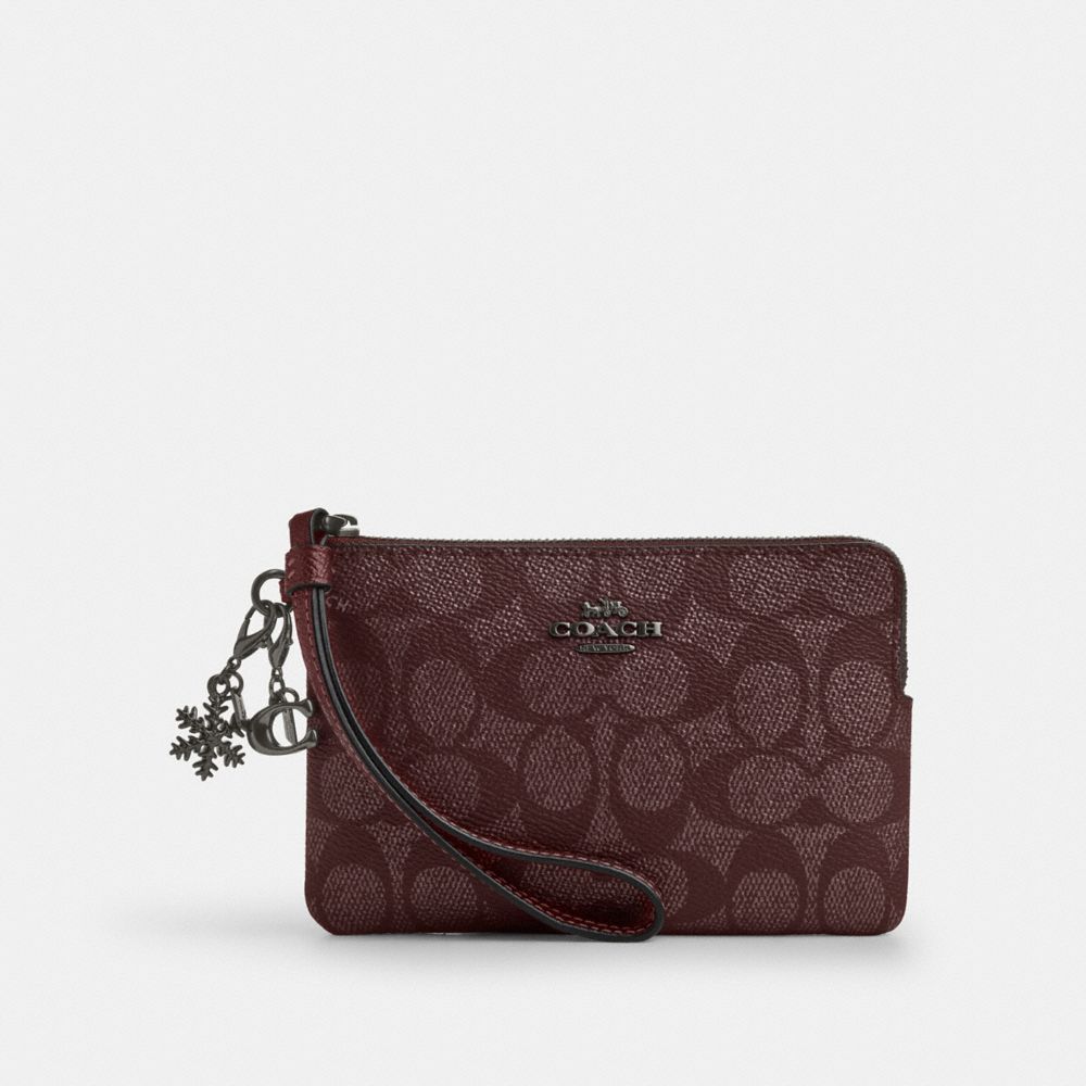 COACH CW958 Boxed Corner Zip Wristlet In Signature Canvas With Charms GUNMETAL/WINE MULTI