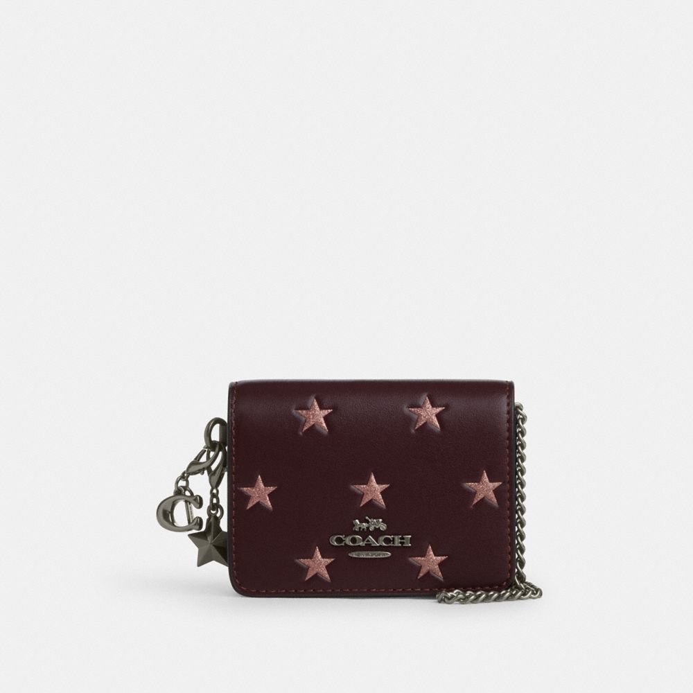 COACH CW963 Boxed Mini Wallet On A Chain With Star Print QB/MERLOT MULTI