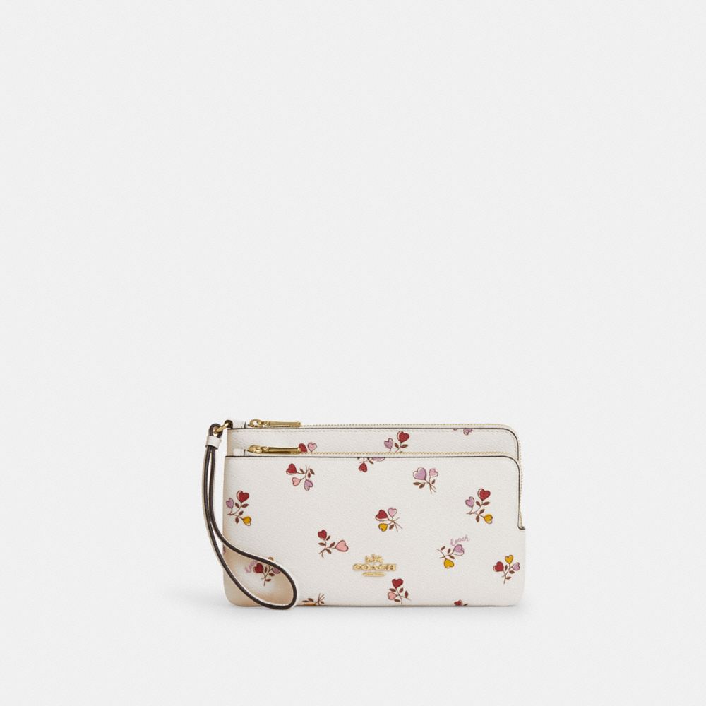 Double Zip Wallet With Heart Print - CW969 - Gold/Chalk Multi