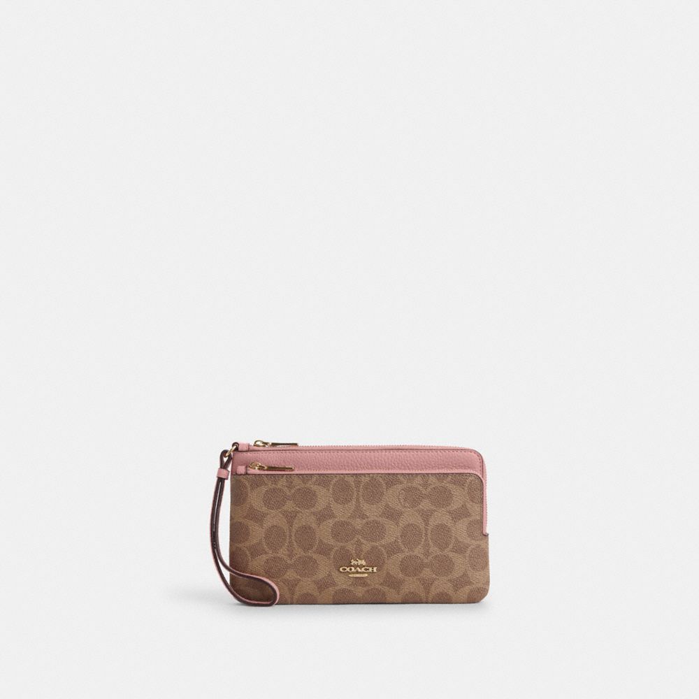 COACH CX161 Double Zip Wallet In Signature Canvas GOLD/TAN/PINK PETAL
