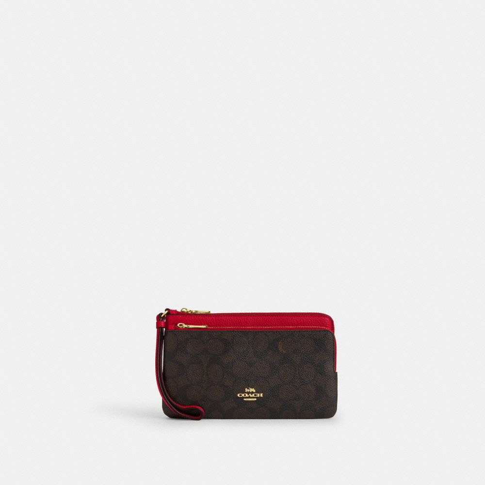 COACH CX161 Double Zip Wallet In Signature Canvas GOLD/WALNUT/BOLD RED