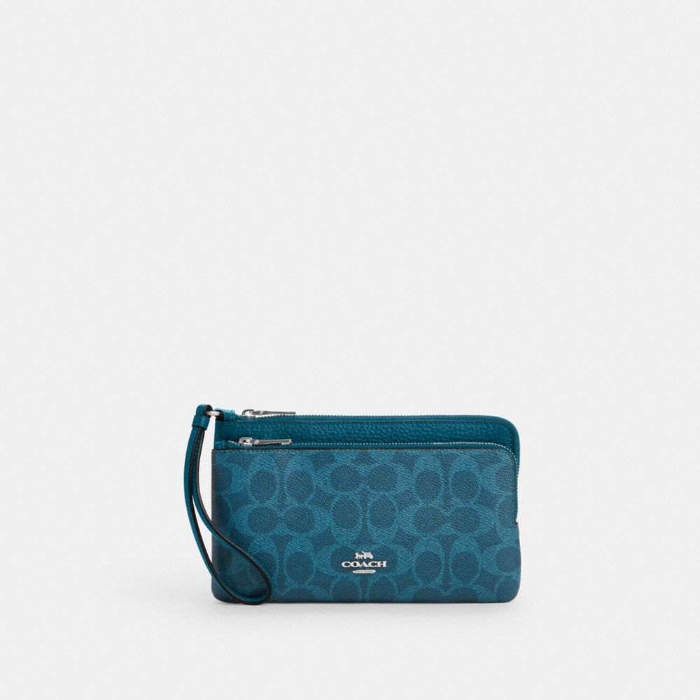 COACH CX161 Double Zip Wallet In Signature Canvas SILVER/AQUAMARINE