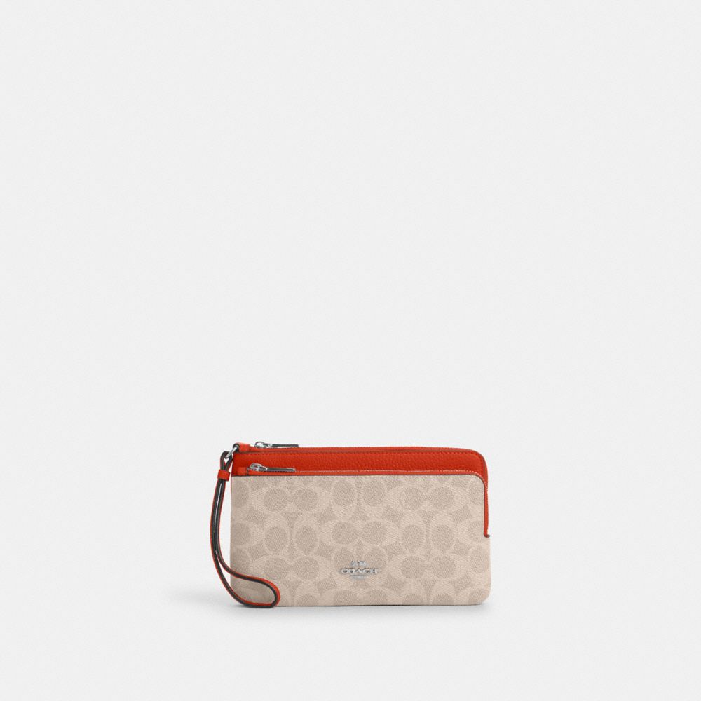 Double Zip Wallet In Signature Canvas - CX161 - Silver/Sand/Deep Orange