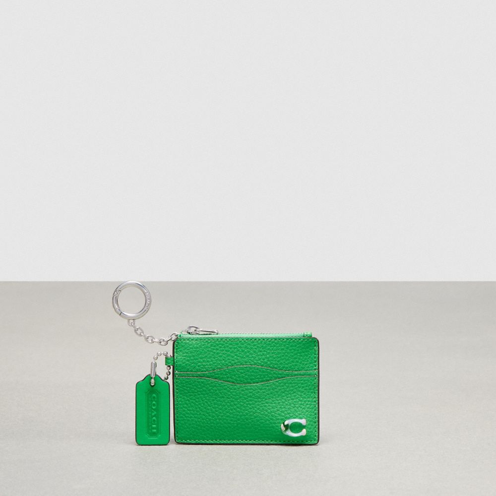 COACH CX167 Wavy Zip Card Case In Pebbled Coachtopia Leather With Key Ring ELECTRIC KELP