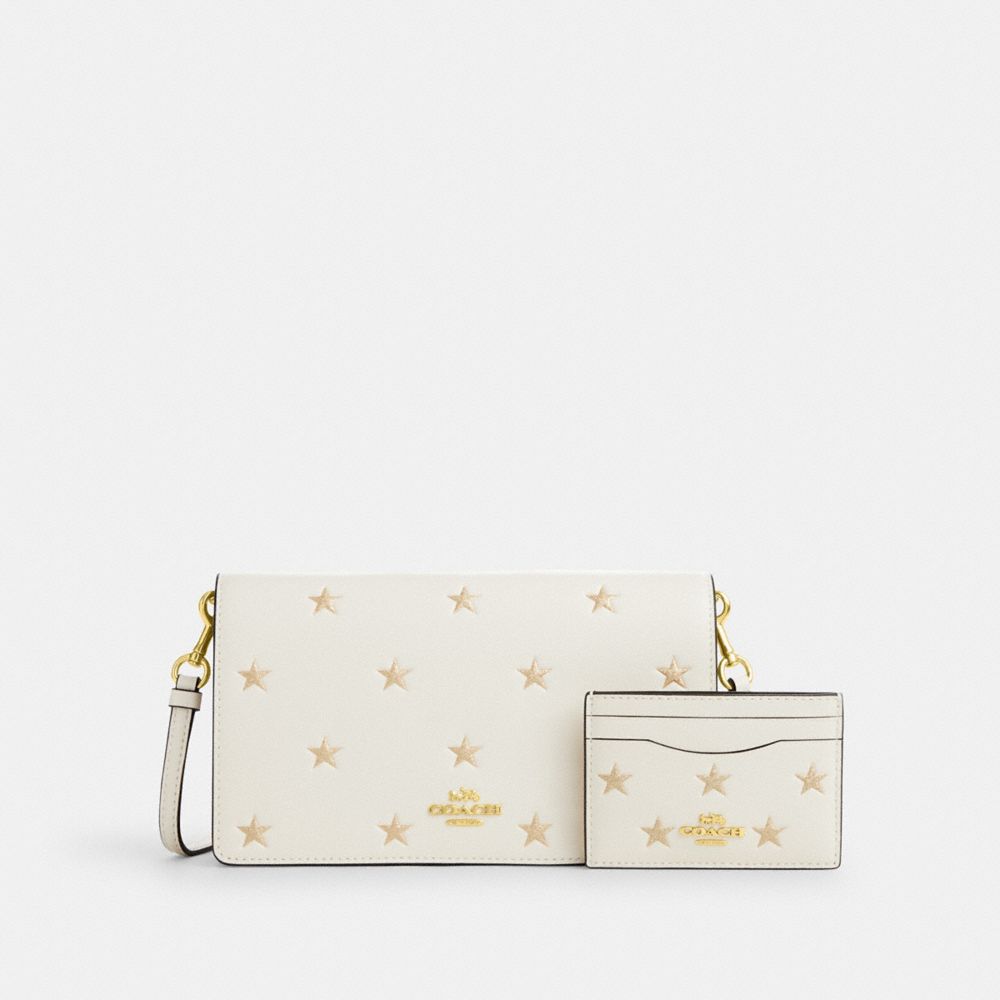 COACH CX182 Boxed Anna Foldover Clutch Crossbody Bag And Card Case Set With Star Print GOLD/CHALK MULTI