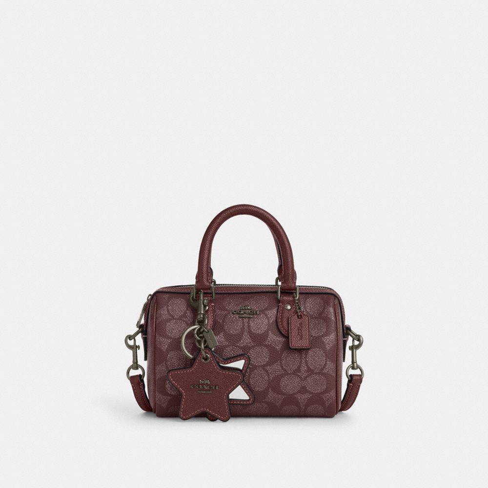 COACH CX186 Boxed Mini Rowan Crossbody Bag And Mirror Bag Charm Set In Signature Canvas GUNMETAL/WINE MULTI