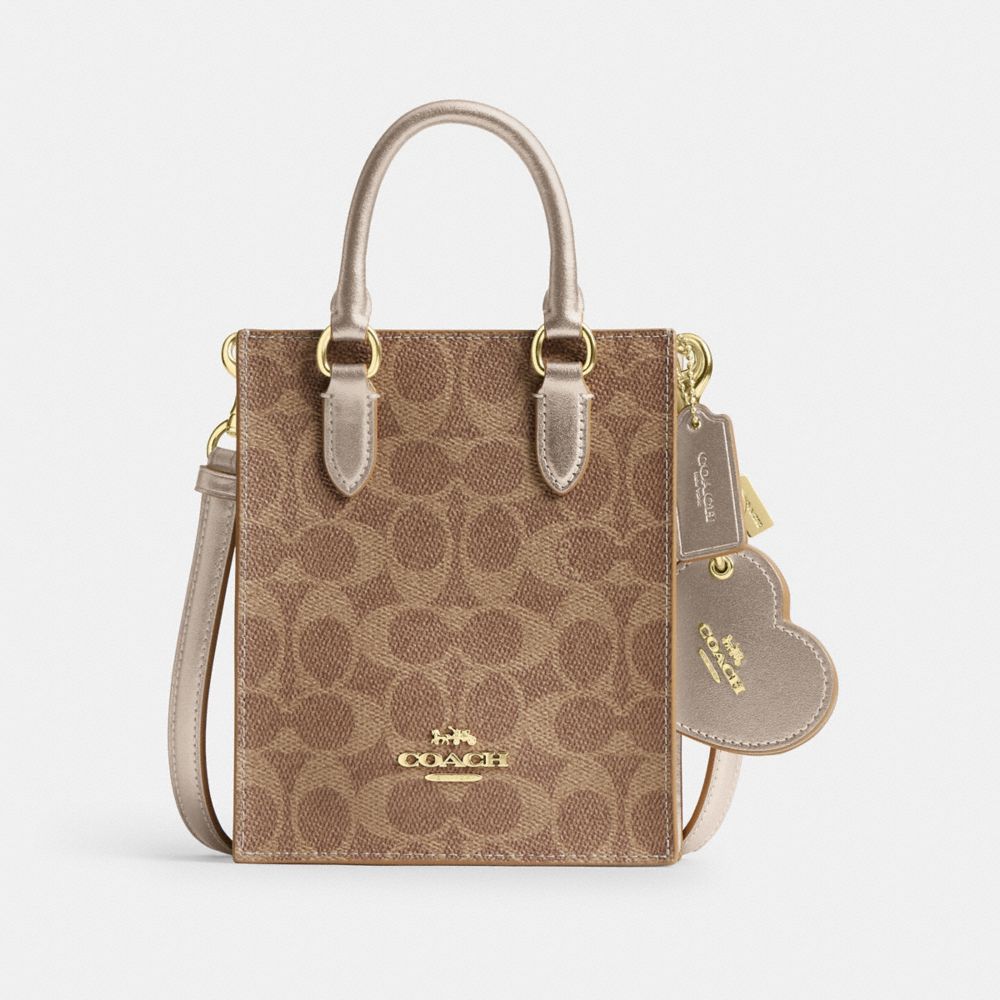 COACH CX188 Boxed Mini Tote Bag And Mirror Bag Charm Set In Signature Canvas GOLD/TAN/LIGHT CHAMPAGNE