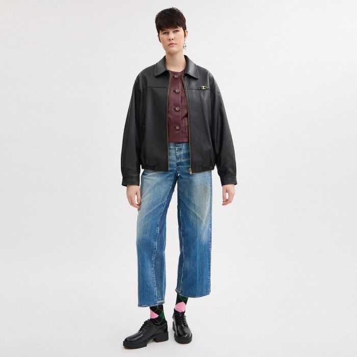 經典 C 牌標寬版剪裁皮革外套(無圖無法看)