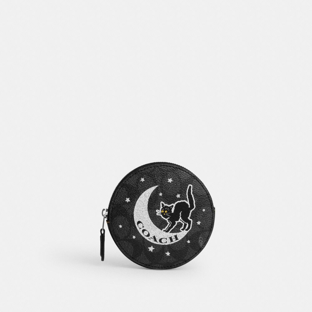 COACH CX348 Coin Case In Signature Canvas With Halloween Graphic SILVER/CHARCOAL/BLACK MULTI