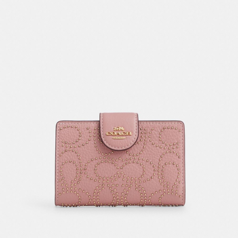 COACH CX404 Medium Corner Zip Wallet With Signature Rivets GOLD/PINK PETAL