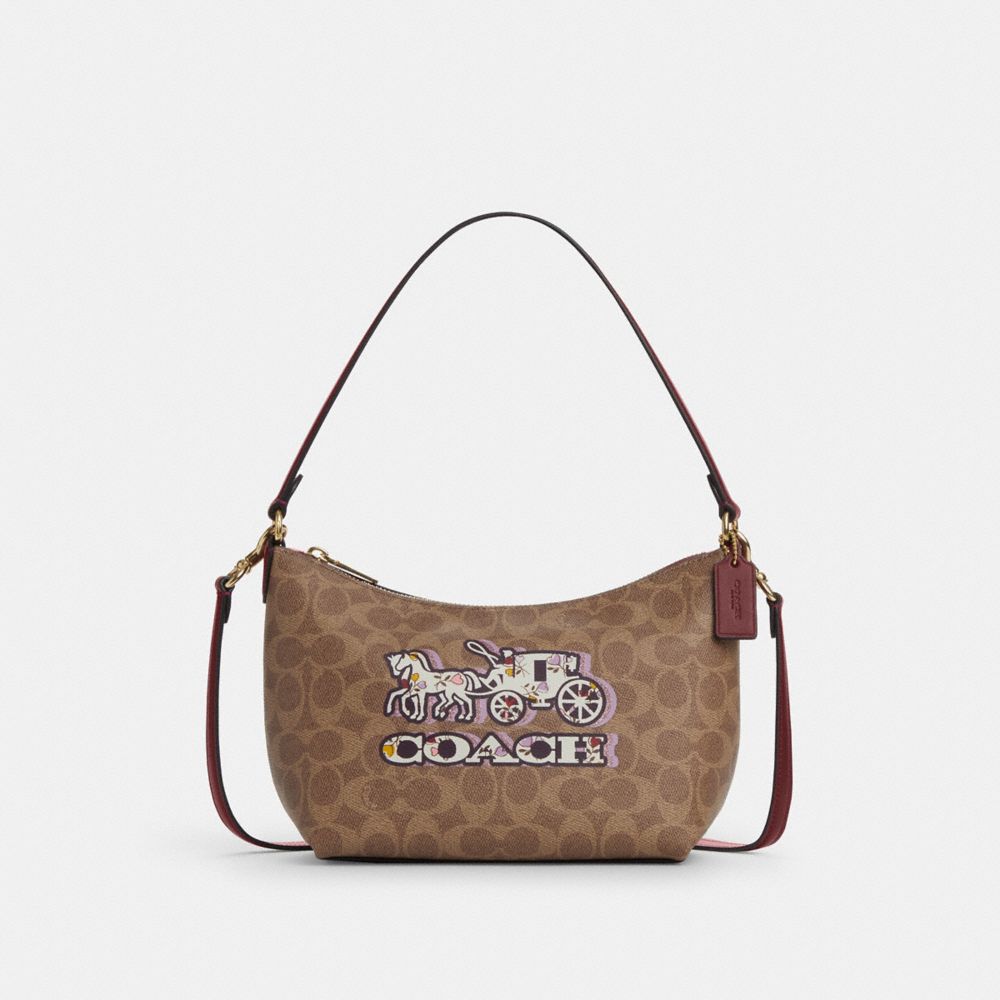 COACH CX588 Zip Top Shoulder Bag In Signature Canvas With Horse And Carriage Print GOLD/TAN/BLACK CHERRY