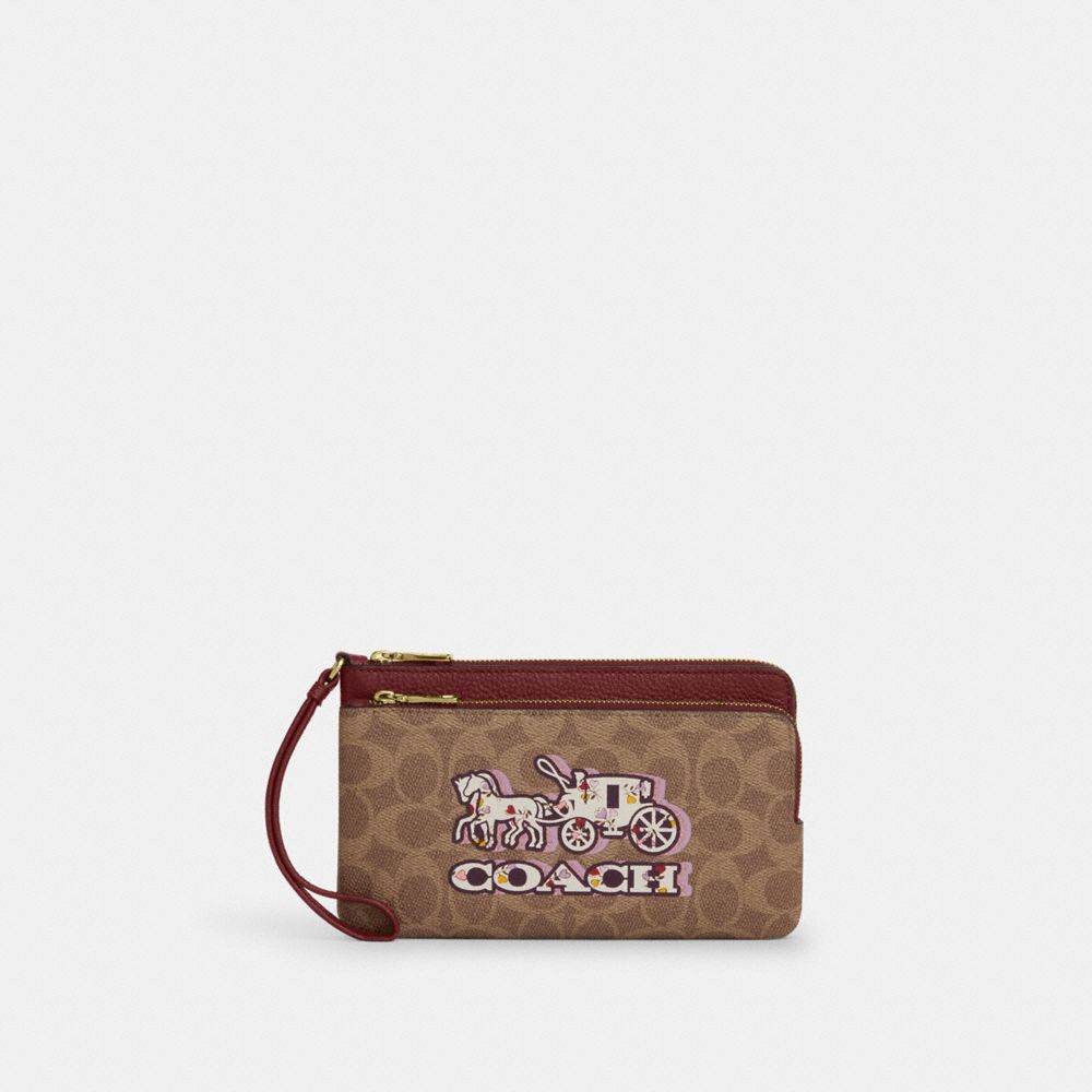 Double Zip Wallet In Signature Canvas With Horse And Carriage Print - CX590 - Gold/Tan/Black Cherry