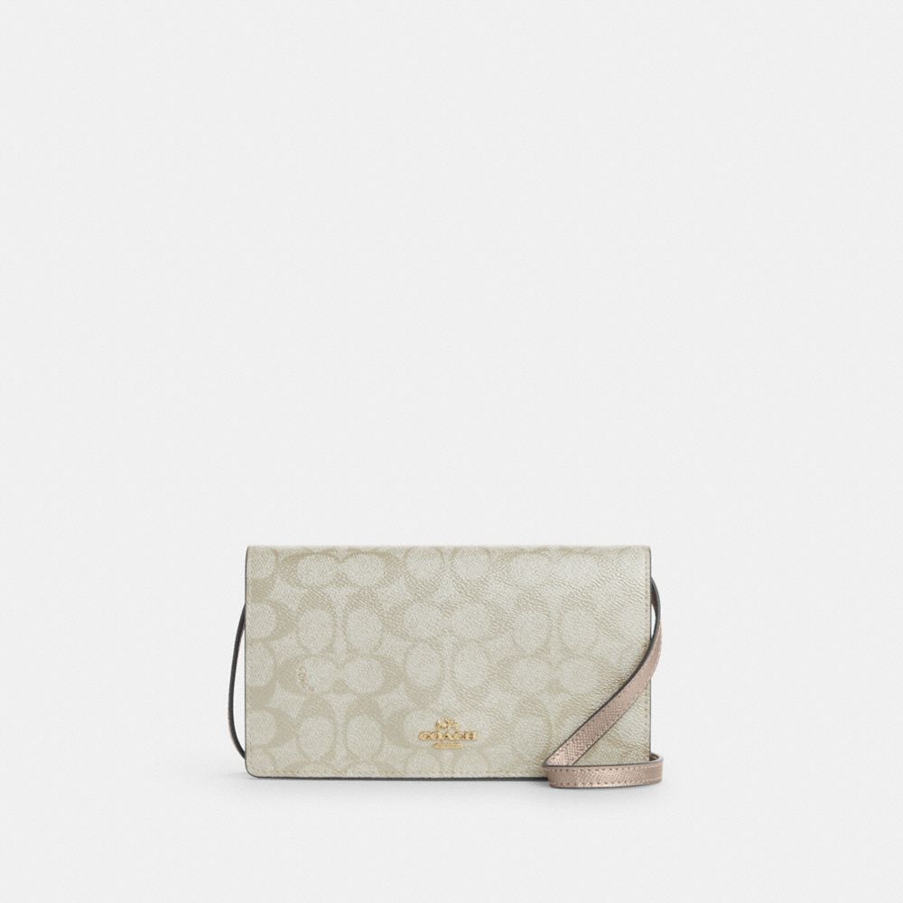 COACH CX593 Anna Foldover Clutch Crossbody Bag In Signature Canvas Gold/Champagne Multi