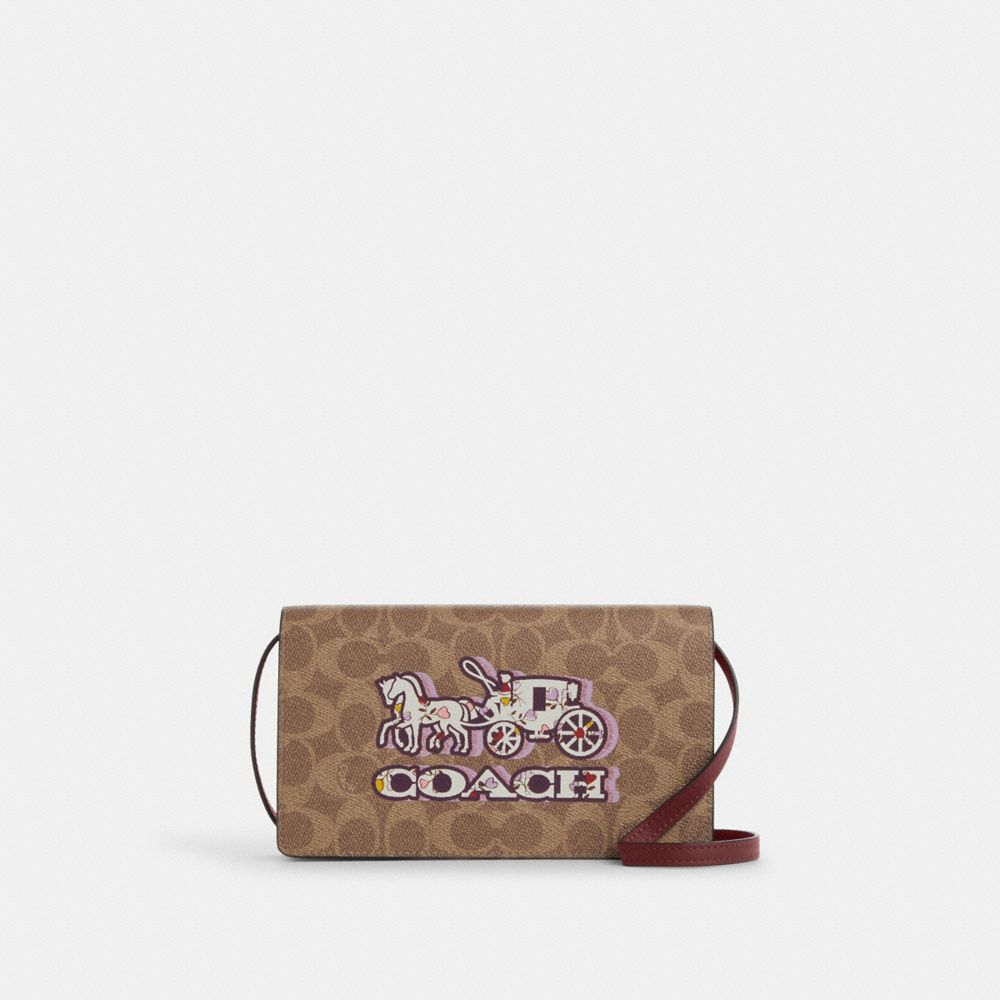 COACH CX597 Anna Foldover Clutch Crossbody Bag In Signature Canvas With Horse And Carriage Print GOLD/TAN/BLACK CHERRY