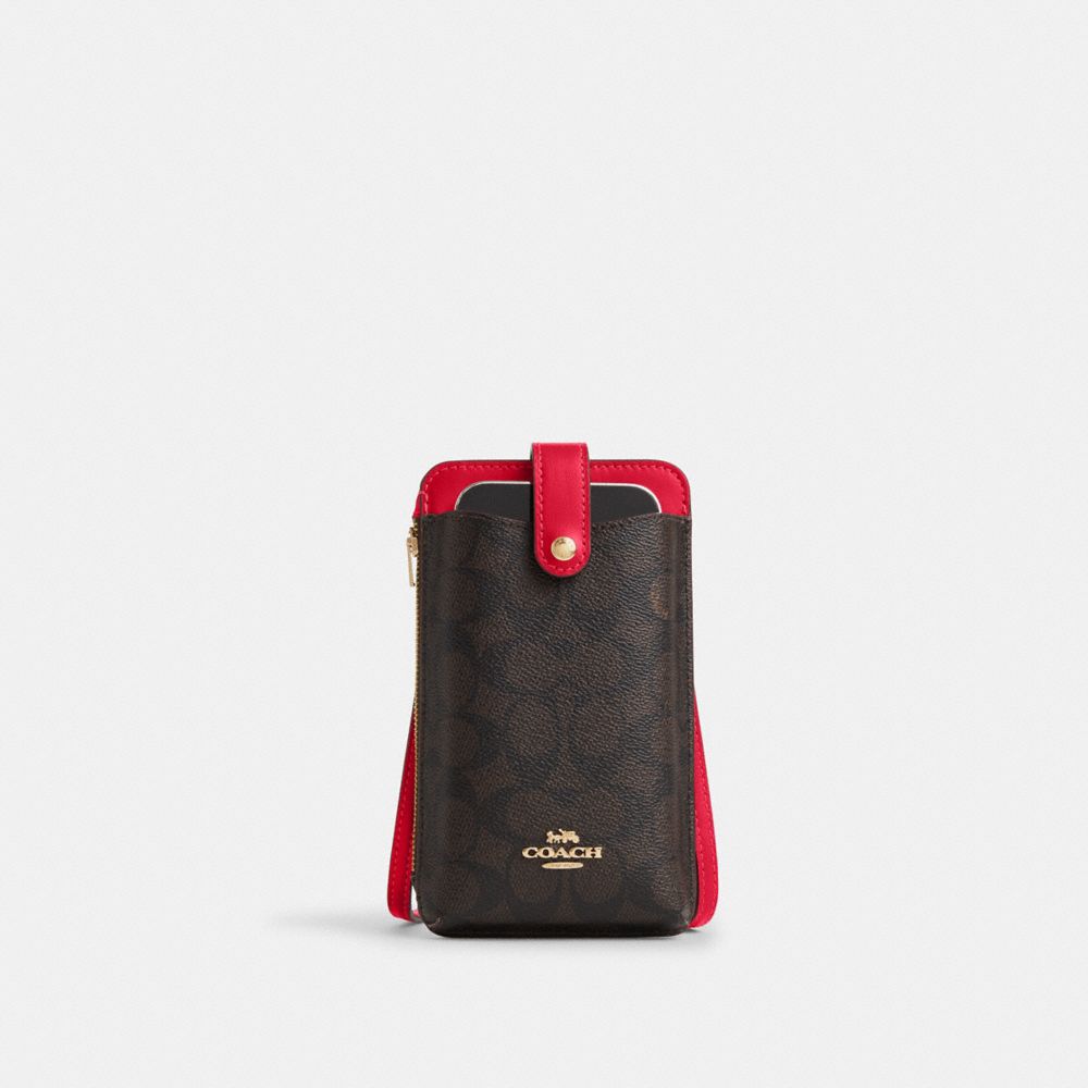 COACH CX600 Phone Crossbody Bag In Signature Canvas GOLD/WALNUT/BOLD RED