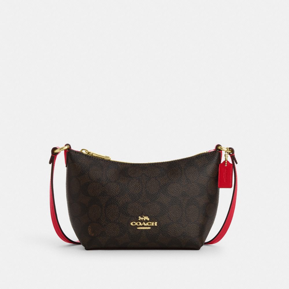 COACH CX604 Zip Top Crossbody Bag In Signature Canvas GOLD/WALNUT/BOLD RED