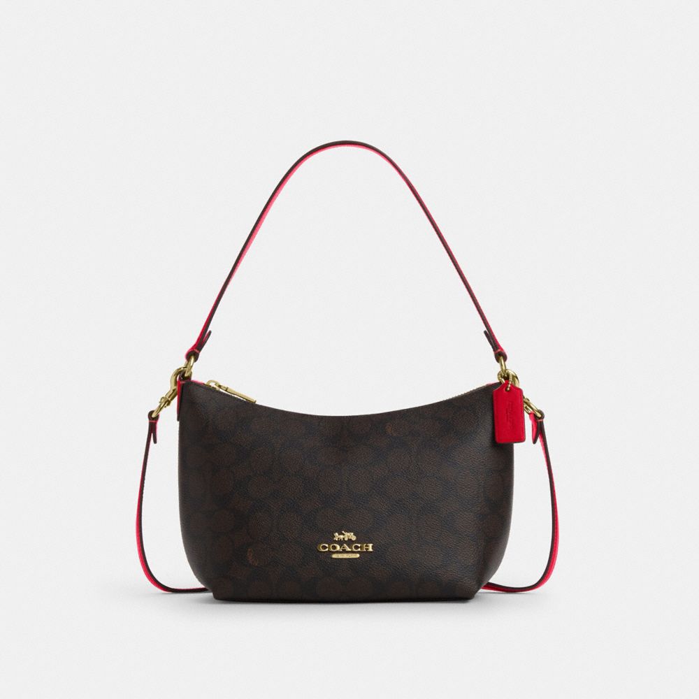 COACH CX610 Zip Top Shoulder Bag In Signature Canvas GOLD/WALNUT/BOLD RED