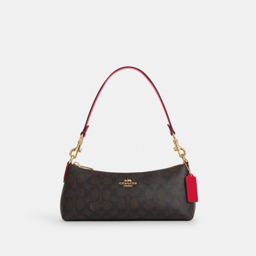 COACH CX810 Charlotte Shoulder Bag In Signature Canvas GOLD/WALNUT/BOLD RED