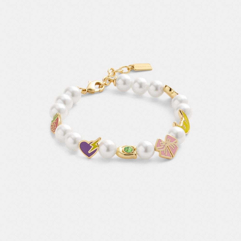 COACH&reg;,Heart And Moon Pearl Bracelet,Glass,Enamel,Pearl,Cubic Zirconia,Bow,Food Embellishment,Logo,Novelty Embellishment,H...,Multi Color,Front View