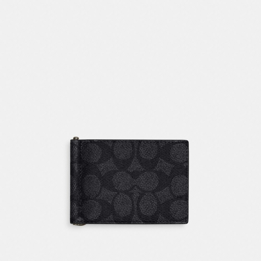 COACH CY059 Slim Money Clip Billfold Wallet In Signature Canvas GUNMETAL/CHARCOAL/BLACK
