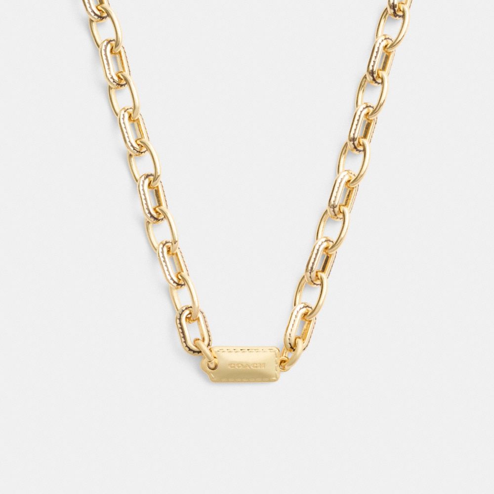 COACH&reg;,Stitched Chain Link Necklace,Single Strand,Cubic Zirconia,Bar Embellishment,Brass Gold,Casual,Gold,Front View