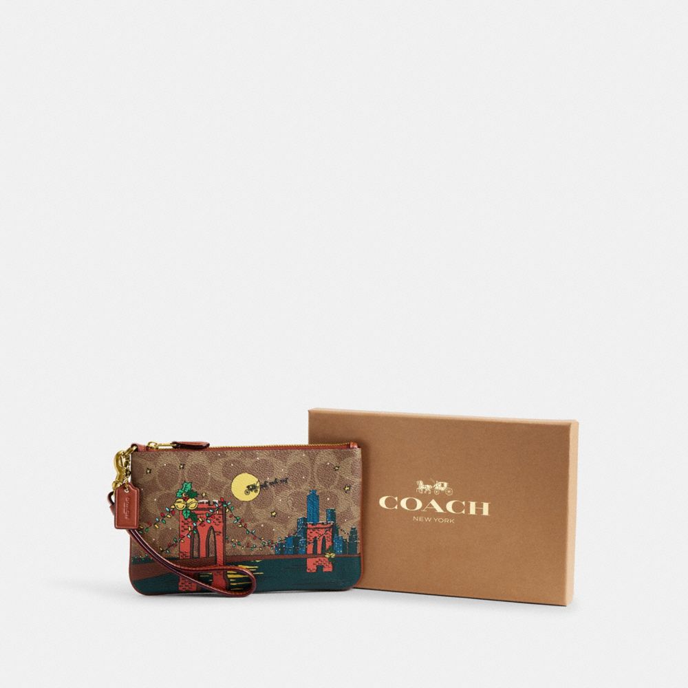 節慶風格布魯克林大橋圖案經典 SIGNATURE 帆布小型手腕包