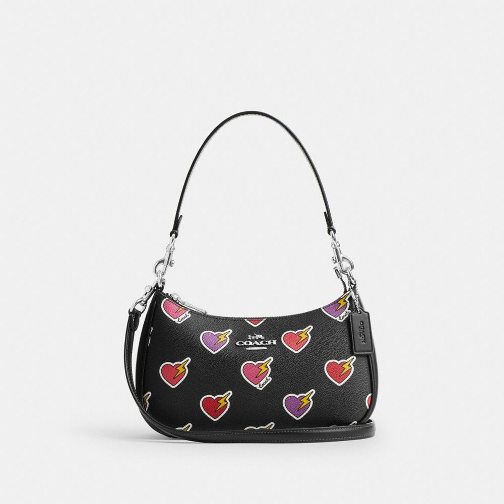 COACH CY346 Teri Shoulder Bag With Heart Bolt Print Silver/Black Multi