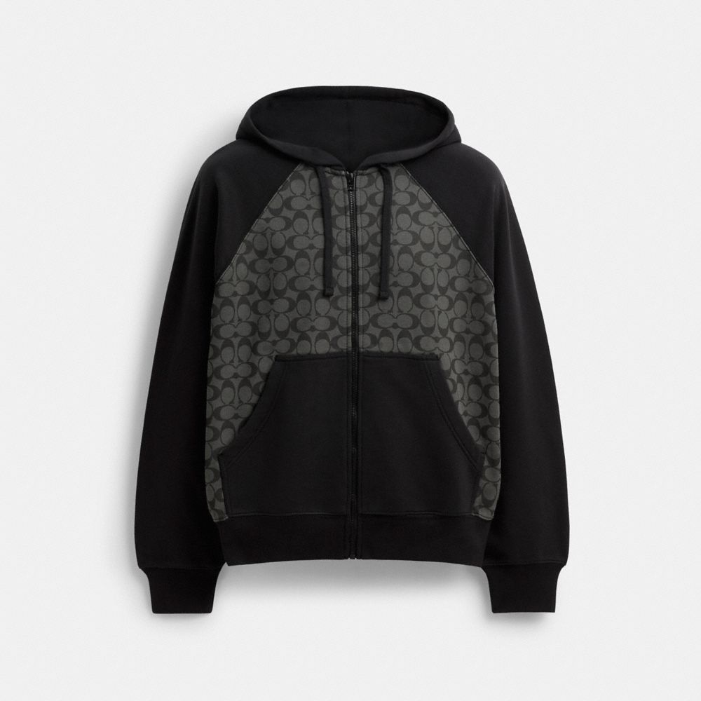 COACH&reg;,Signature Zip Hoodie,Cotton Knit,Knit,Cotton,Sweatshirt Jacket,Ribbed,Logo,Pattern,Color Block,Breathable,Casual,Multi Color,Front View