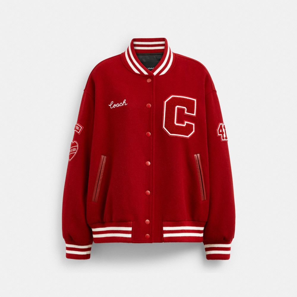 COACH&reg;,Wool Varsity Jacket With Patches,Leather,Polyester,Polyamide,Recycled Polyester,Viscose,Acrylic,Bomber,Applique,Hea...,Red,Front View