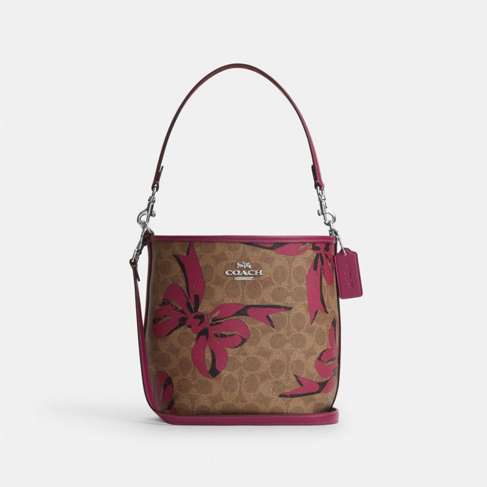 COACH CY651 City Bucket Bag In Signature Canvas With Bow Print SILVER/TAN/PINK MULTI