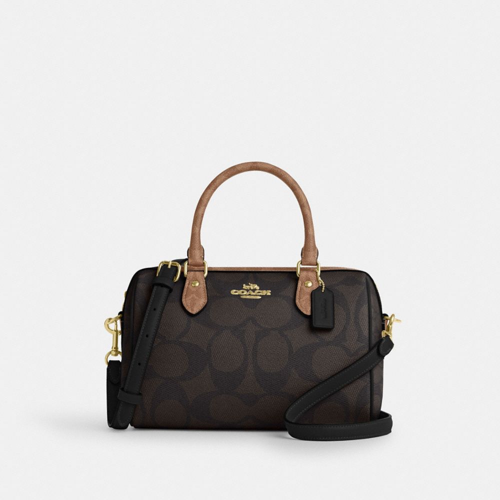 COACH CY679 Rowan Satchel Bag In Blocked Signature Canvas GOLD/WALNUT/TAN