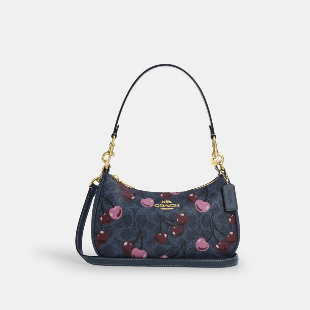 COACH CY694 Teri Shoulder Bag In Signature Canvas With Cherry Print GOLD/DENIM MULTI