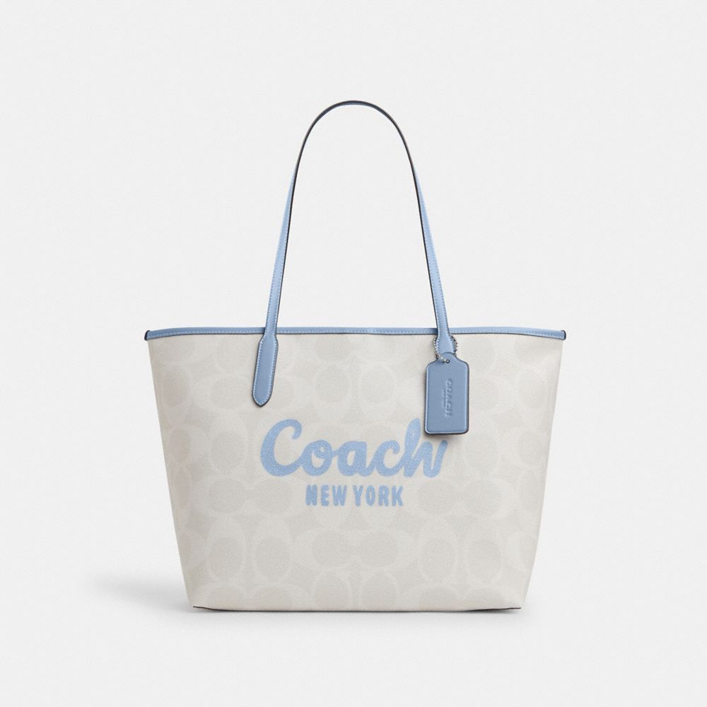 City Tote Bag With Coach Graphic - CY705 - Sv/Chalk/Bluebell