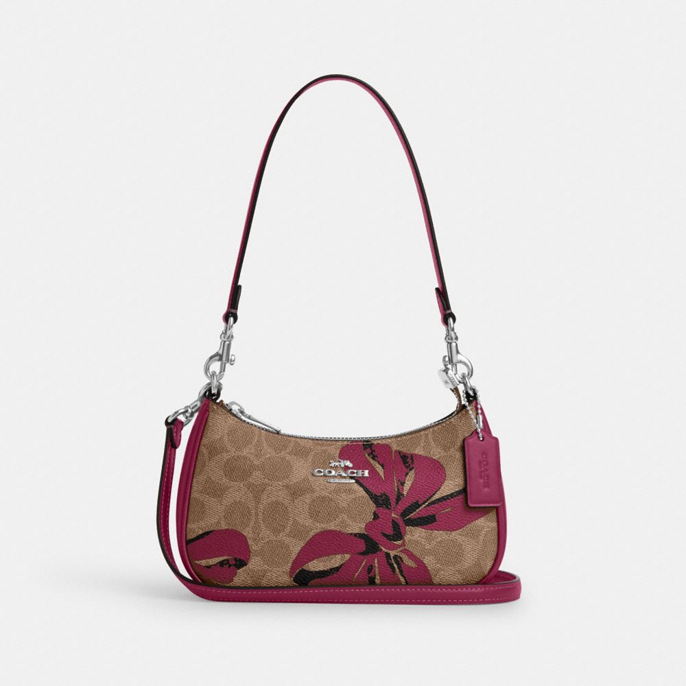 COACH CY733 Teri Mini Crossbody Bag In Signature Canvas With Bow Print SILVER/TAN/PINK MULTI
